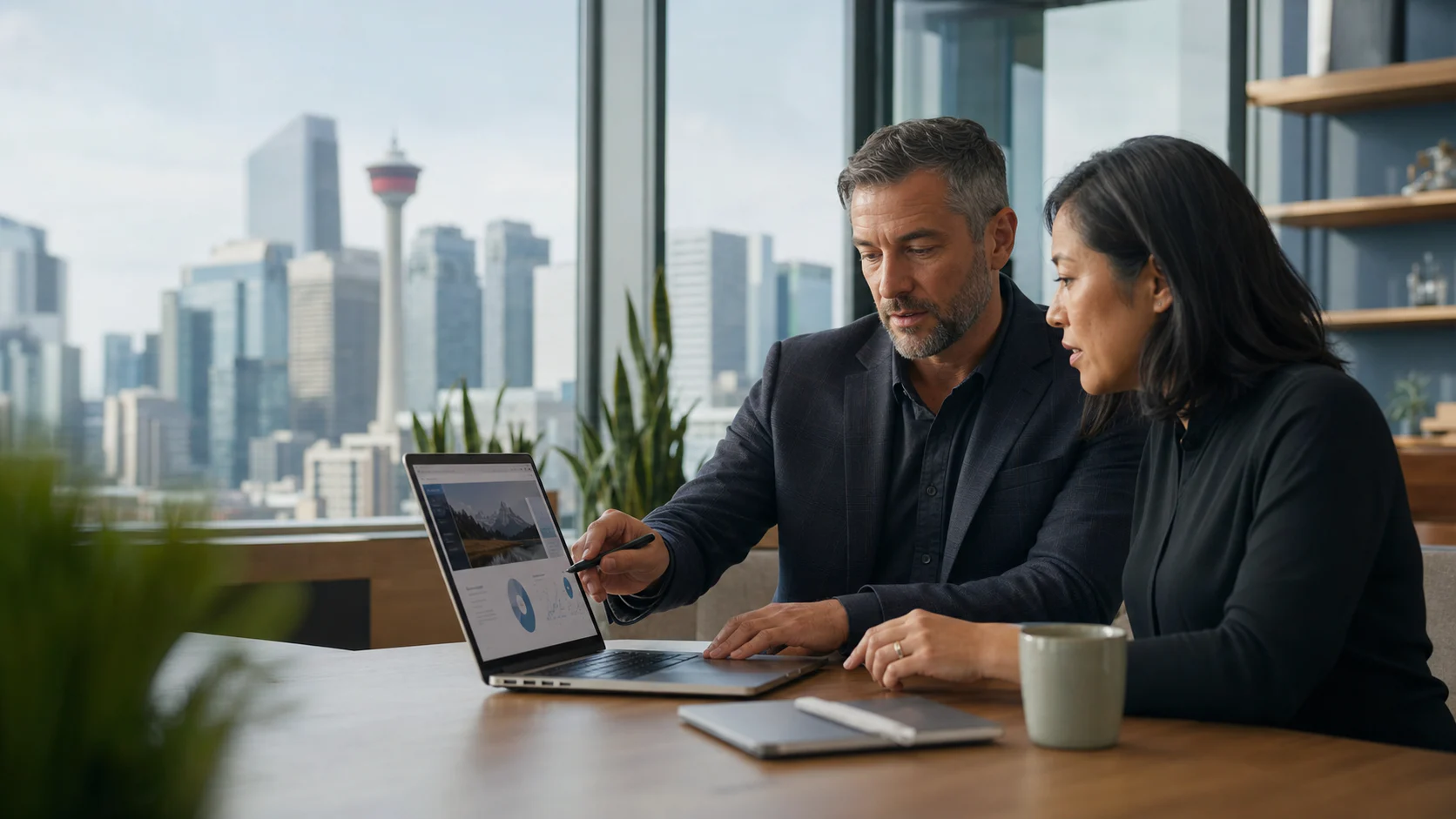 Representative Calgary website and SEO strategy meeting with two professionals reviewing a business website and analytics