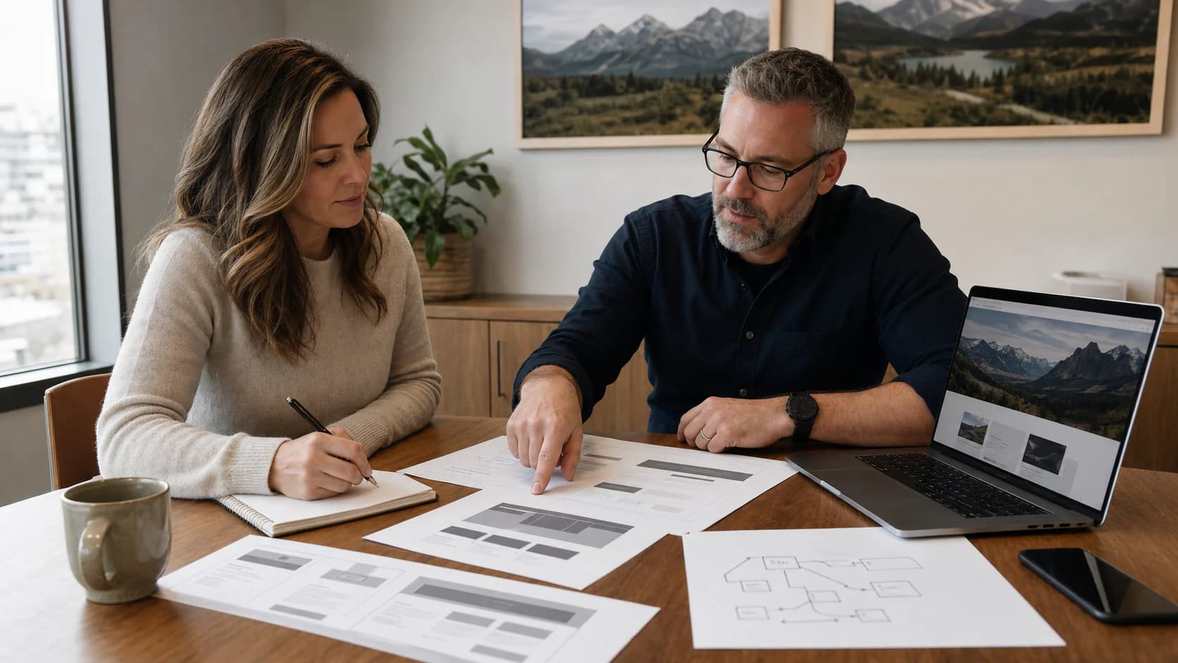 Representative website strategy workshop with a business owner reviewing wireframes and a responsive website plan